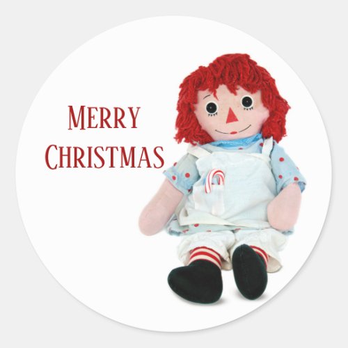 Christmas Rag Doll With Candy Cane Classic Round Sticker