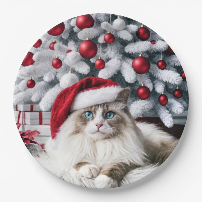 Christmas Ragdoll Cat In a Santa Hat Paper Plates (Front)