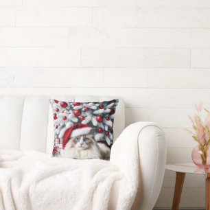 Christmas Ragdoll Cat In a Santa Hat Throw Pillow