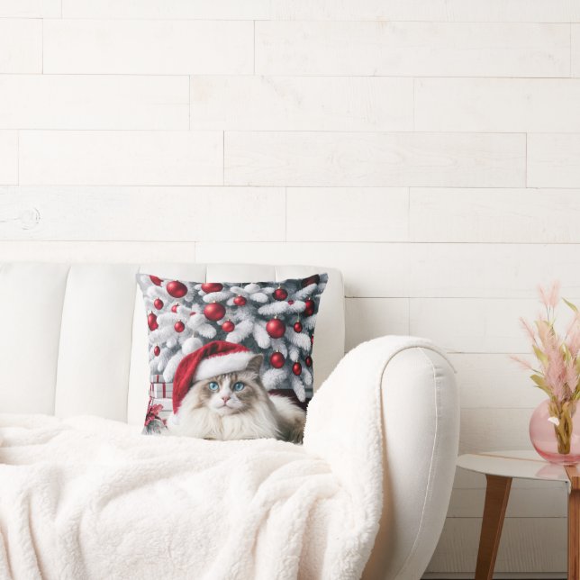 Christmas Ragdoll Cat In a Santa Hat Throw Pillow (Couch)