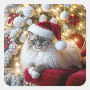 Christmas Ragdoll Cat On Red Vintage Chair Square Sticker