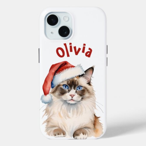 Christmas Ragdoll cat Watercolor iPhone 15 Case