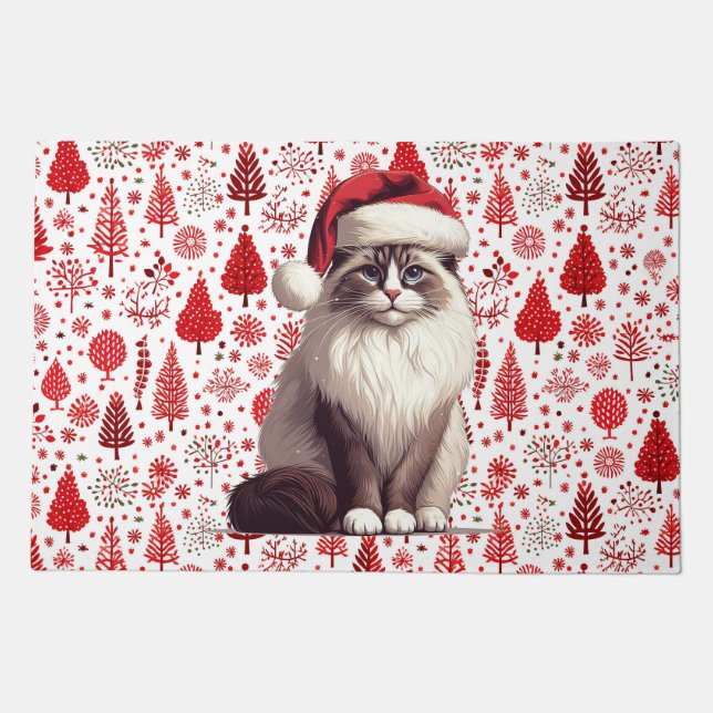 Christmas Ragdoll cat, Xmas Santa Ragdoll kitten Doormat (Front)