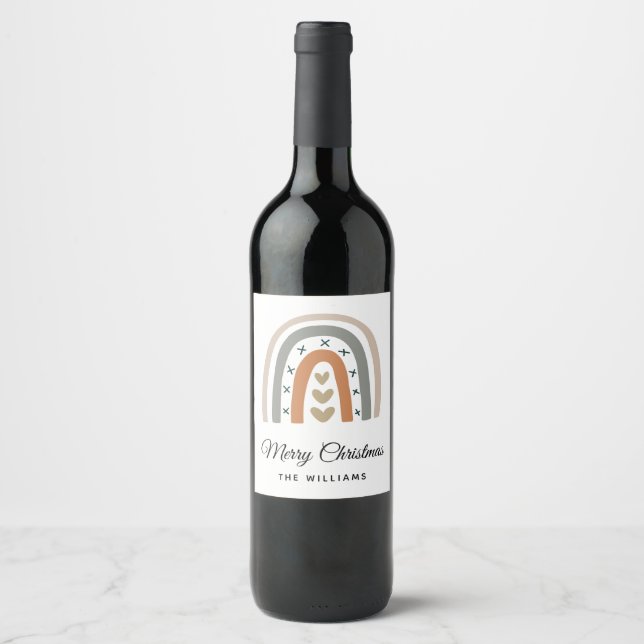 Christmas rainbow brown beige gray white modern wine label (Front)