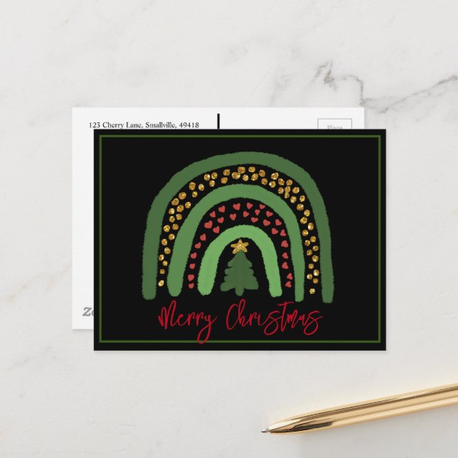 Christmas rainbow glitter red gold green postcard (Front/Back In Situ)