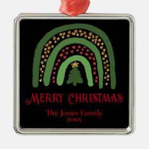 Christmas rainbow glitter red green personalize metal ornament