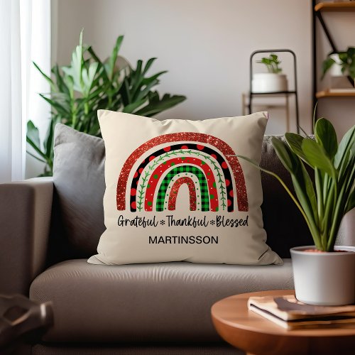 Christmas Rainbow Grateful Thankful Blessed Name Throw Pillow