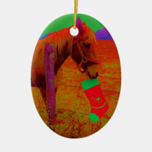 Christmas Rainbow Horse Ceramic Ornament (Front)
