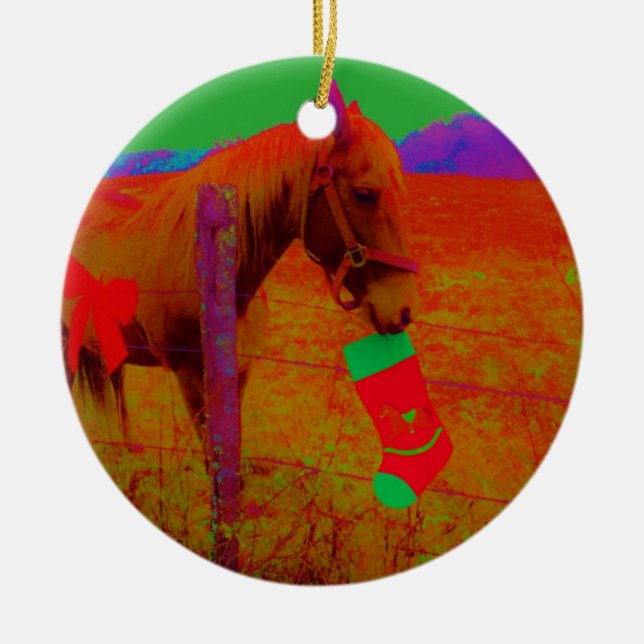 Christmas Rainbow Horse Ceramic Ornament (Front)