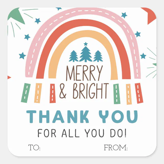 Christmas Rainbow Merry and Bright Square Sticker | Zazzle