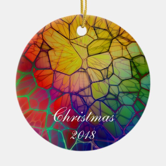 Christmas Rainbow Mosaic- Stained Glass Look Ceramic Ornament (Front)