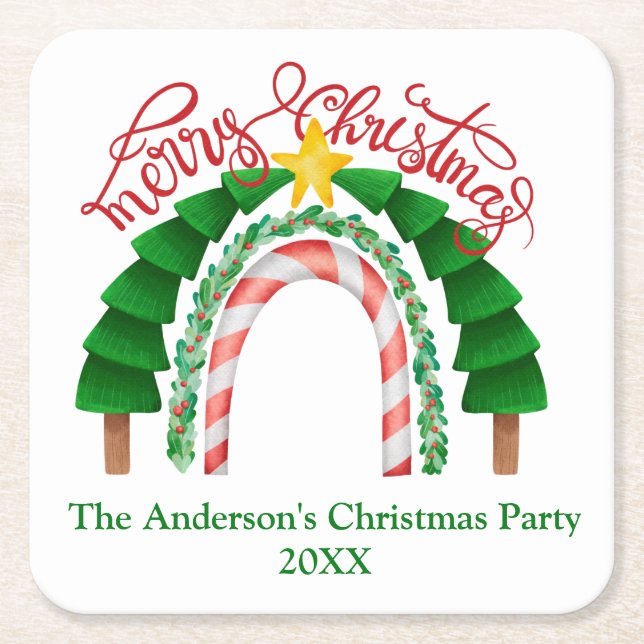 Christmas Rainbow Red Green Christmas Party Square Paper Coaster (Front)