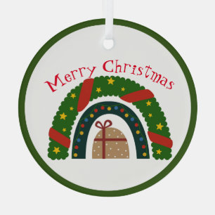 Christmas Rainbow With A Present Glass Ornament