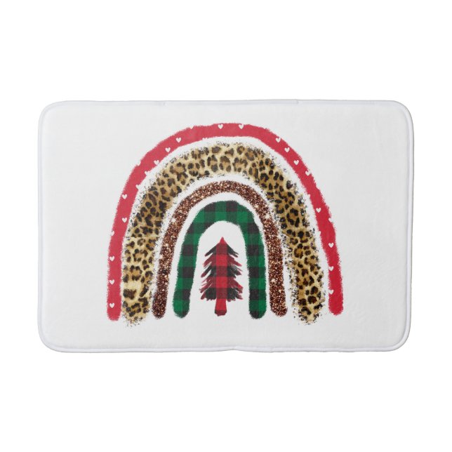 Christmas Rainbow with Red, Green & Cheetah Print Bath Mat (Front)