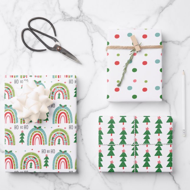 Christmas Rainbow Wrapping Paper Set Trees, Dots (Front)