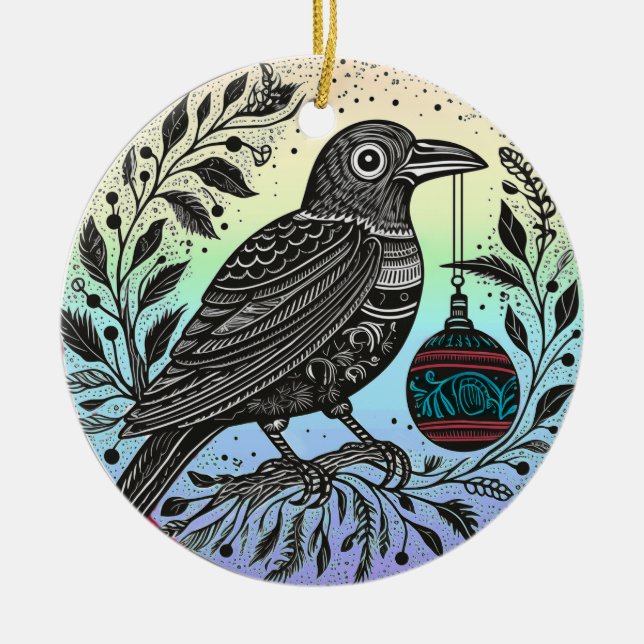 Christmas Raven Ceramic Ornament (Front)