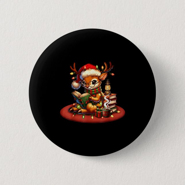 Christmas Reading Book Lovers Bookworm Coffee Rein Button (Front)