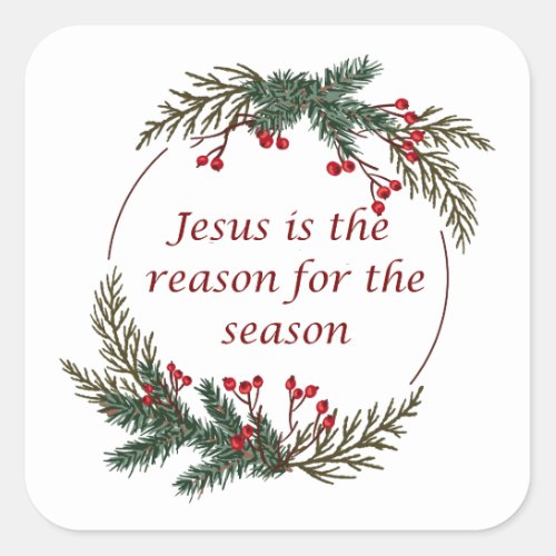 Christmas Reason for Season Holly Berry Wreath Square Sticker