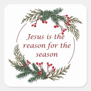 Christmas Reason for Season Holly Berry Wreath Square Sticker