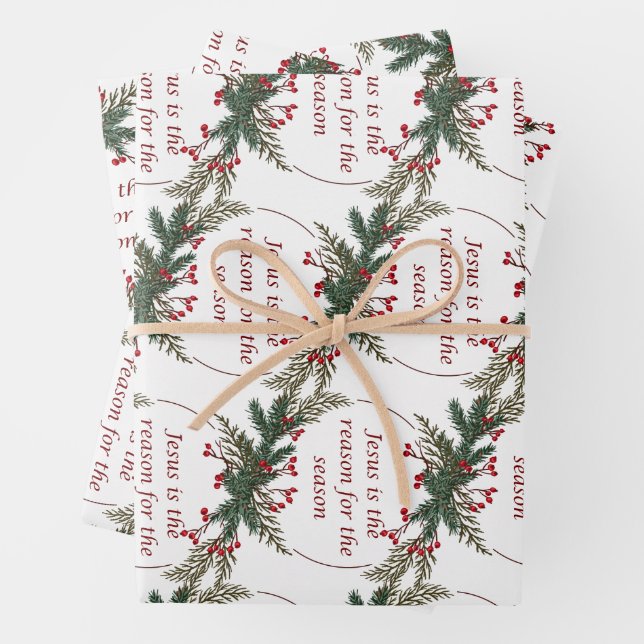 Christmas Reason for Season Holly Berry Wreath Wrapping Paper Sheets (In situ)