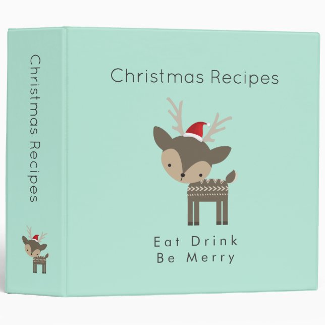 Christmas Recipes -  Deer In Red Santa Hat 3 Ring Binder (Front/Spine)