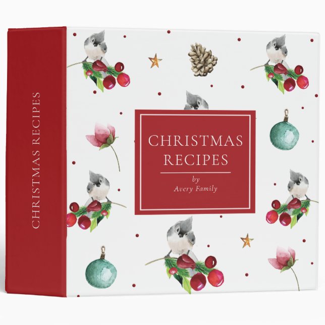 CHRISTMAS RECIPES Watercolor Tufted Titmouse 3 Ring Binder (Front/Spine)