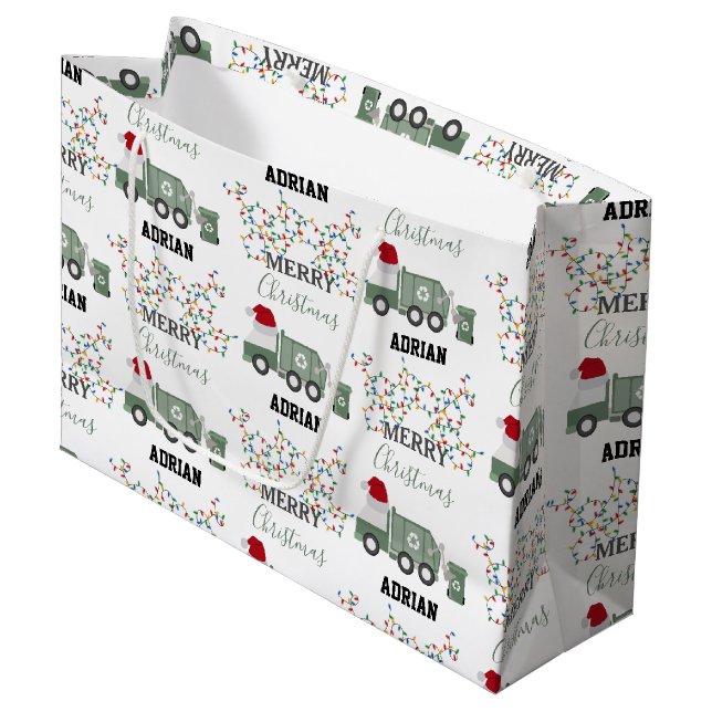 Christmas Recycling Garbage Truck Custom Name  Large Gift Bag (Front Angled)