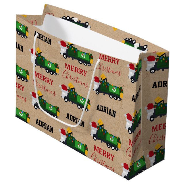 Christmas Recycling Garbage Truck Custom Name Large Gift Bag (Front Angled)