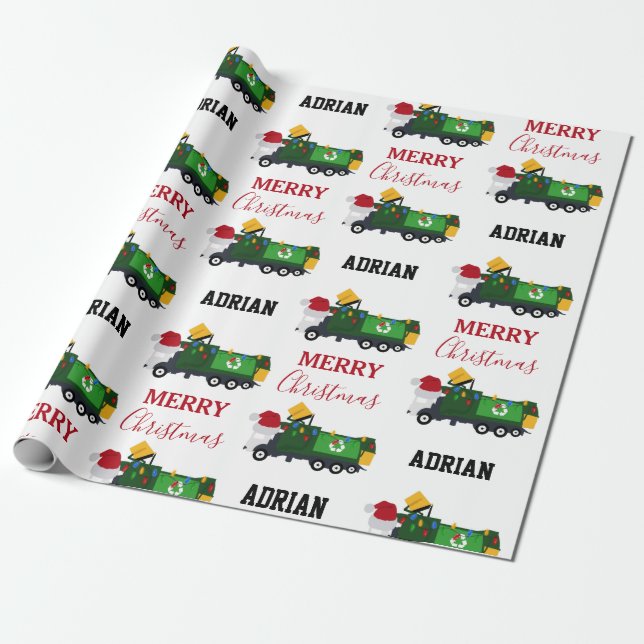 Christmas Recycling Garbage Truck Custom Name Wrapping Paper (Unrolled)