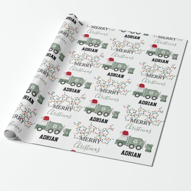 Christmas Recycling Garbage Truck Custom Name  Wrapping Paper (Unrolled)