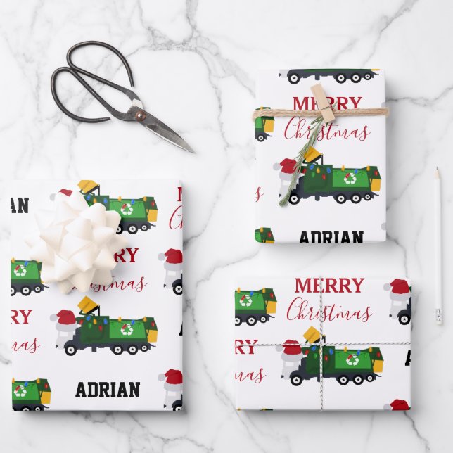 Christmas Recycling Garbage Truck Custom Name  Wrapping Paper Sheets (Front)