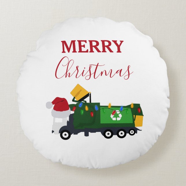 Christmas Recycling Garbage Truck Round Pillow (Front)