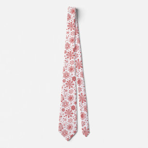 Christmas Red Abstract Snowflakes On White Neck Tie
