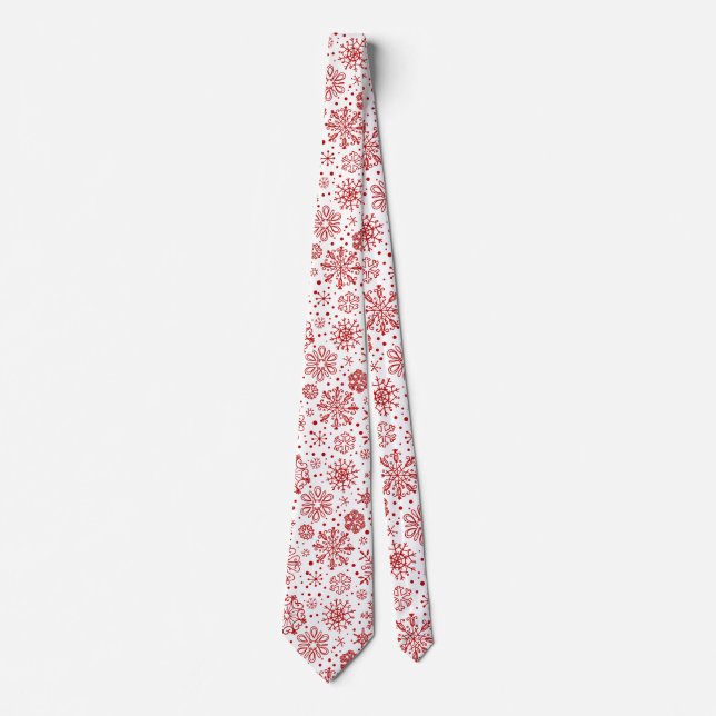 Christmas Red Abstract Snowflakes On White Neck Tie (Front)