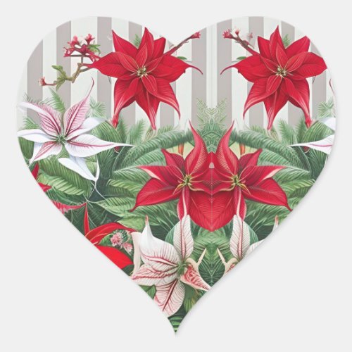 Christmas Red Amaryllis and Poinsettias Heart Sticker