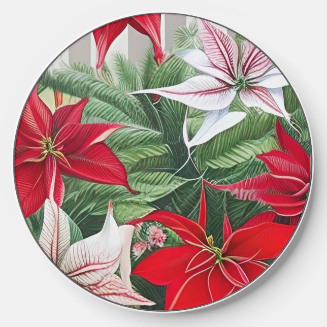 Christmas Red Amaryllis and Poinsettias  Wireless Charger (Front)