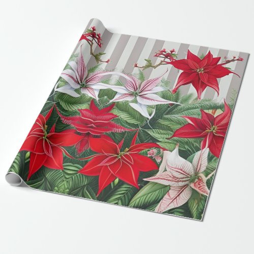 Christmas Red Amaryllis and Poinsettias Wrapping Paper