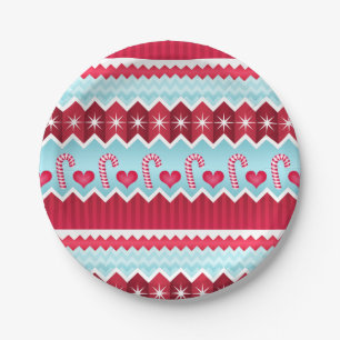 Christmas Red And Blue Chevron Stripes Pattern Paper Plates