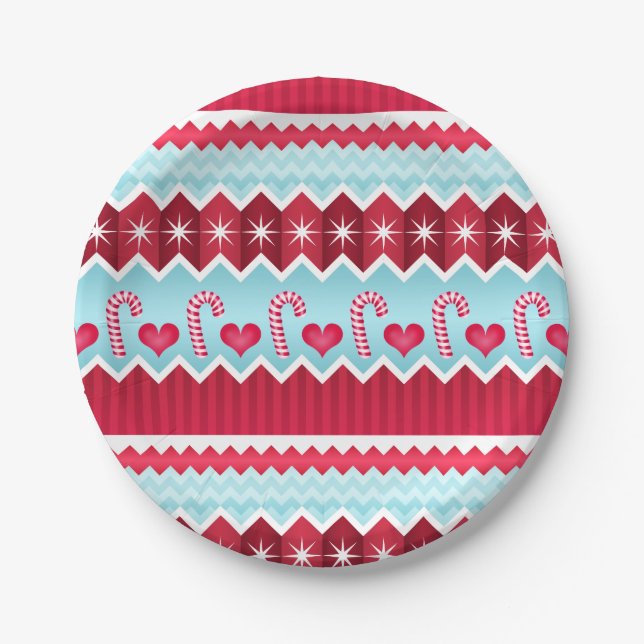 Christmas Red And Blue Chevron Stripes Pattern Paper Plates (Front)