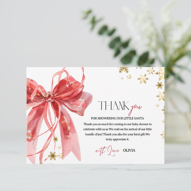 Christmas Red and Gold Baby Shower Thank You Card (Standing Front)