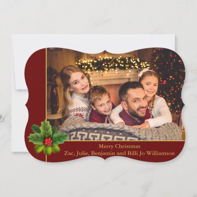 Christmas Red and Gold Frame Holly Fancy Photo Holiday Card (Front)