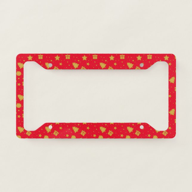 Christmas red and gold holiday pattern license plate frame (Front)