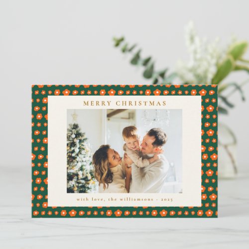 Christmas Red and Green Boho Flowers Two Photo  Holiday Card