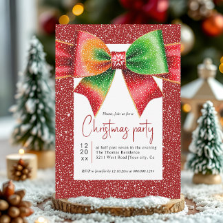 Christmas red and green bow and snowflakes party invitation