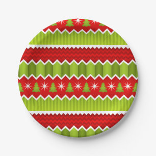 Christmas Red And Green Chevron Stripes Pattern Paper Plates