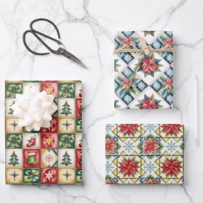 Christmas Red and Green Classic Patchwork Pattern  Wrapping Paper Sheets