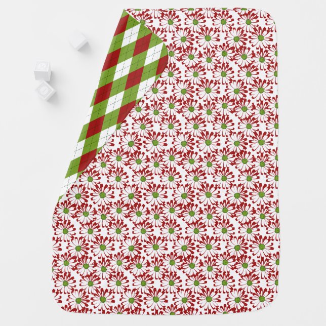 Christmas Red and Green Daisy Floral Pattern Baby Blanket (In Situ)