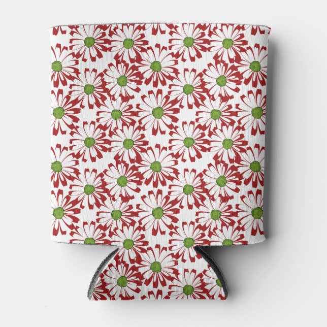 Christmas Red and Green Daisy Floral Pattern Can Cooler (Front)