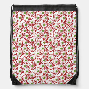 Christmas Red and Green Daisy Floral Pattern Drawstring Bag