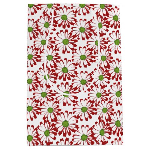 Christmas Red and Green Daisy Floral Pattern Medium Gift Bag